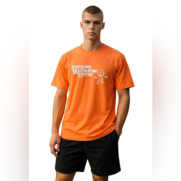 SYNTREL BOXY CREWNECK GRAPHIC TEE Neon Orange White - Picture 1 of 8